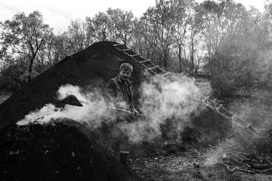 A rural worker manages a charcoal kiln in smoky countryside setting.